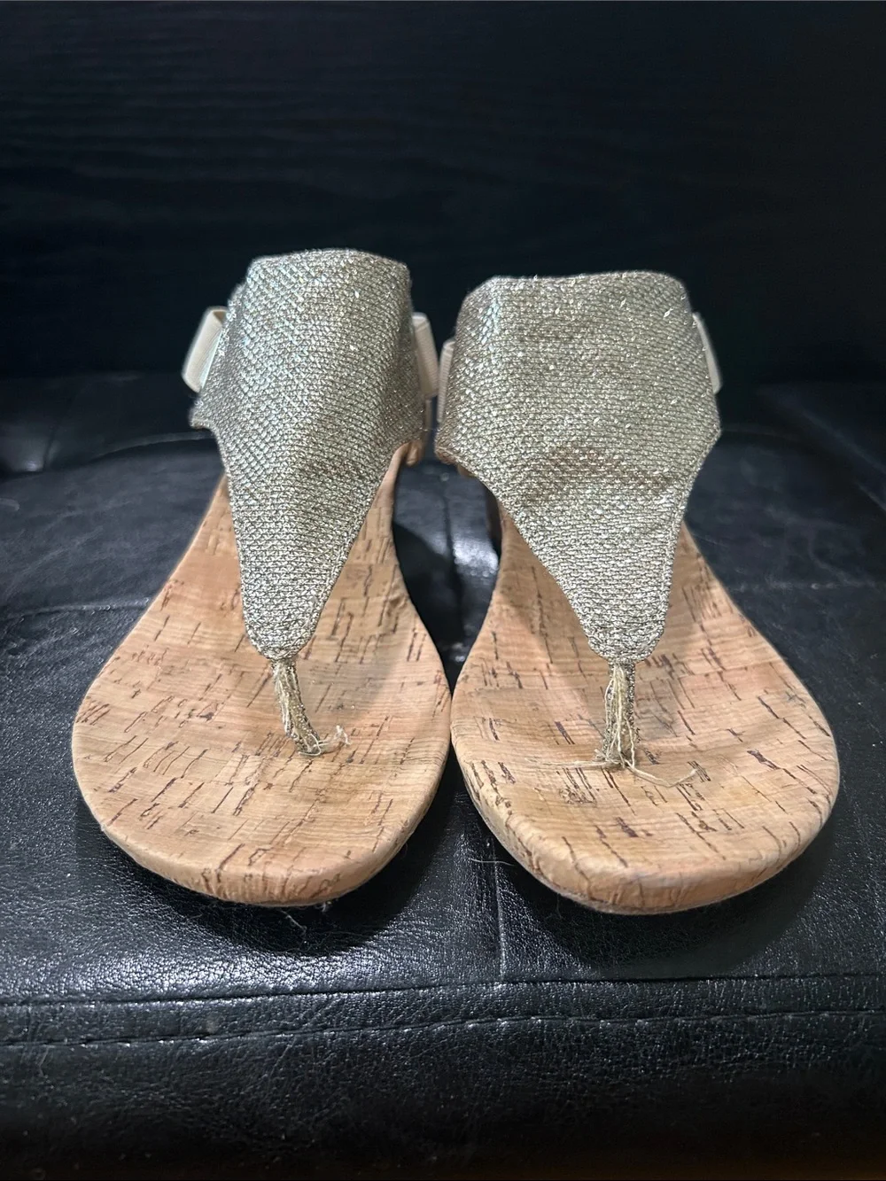 White Mountain Gold Sparkle Cork Wedge Thong Sandals